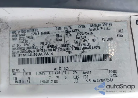 2006 Ford E-250 Commercial/Recreational z USA, uszkodzony, nr VIN 1FTNS24L56DA08614